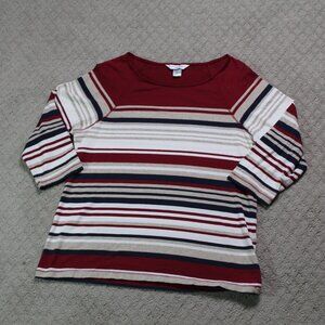 Christopher & Banks Petite Size P/L Maroon Tan Striped 3/4 Sleeve Knit Shirt